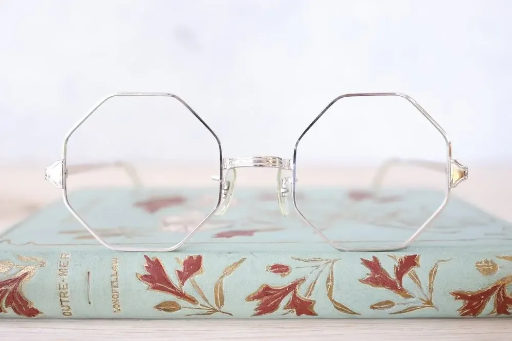 vintage 1960s Octagon Eyeglass 1/10 12K Gold filled and temples silver tone NOS